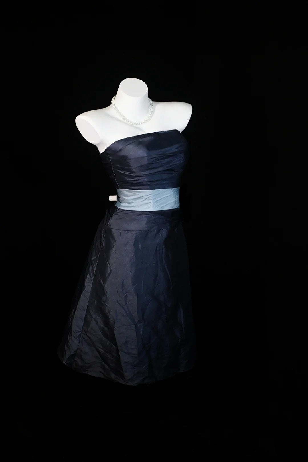 Navy Strapless Taffeta Midi Dress Light Blue Sash Homecoming Dress F0252
