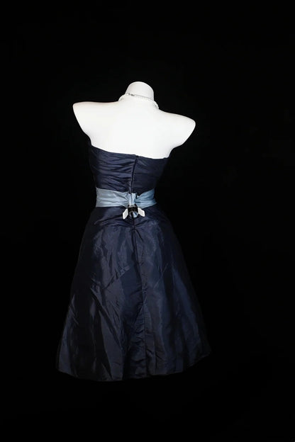 Navy Strapless Taffeta Midi Dress Light Blue Sash Homecoming Dress F0252