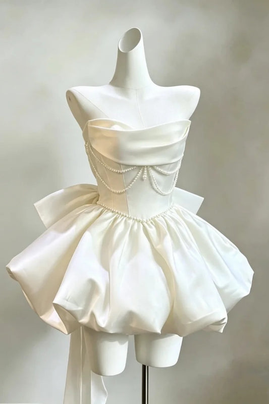 White Satin Strapless Pearl Chain Mini Dress Bow Puff Cocktail Gown F0201