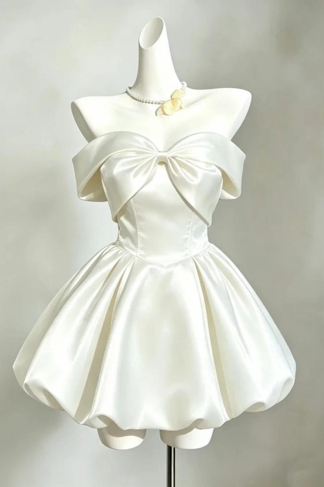 White Satin Bow Strapless Short Puff Dress Cocktail Gown F0200