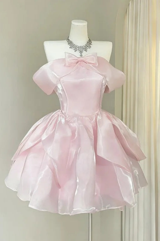 Pink Off-Shoulder Pearl Bow Mini Homecoming Dress F0277