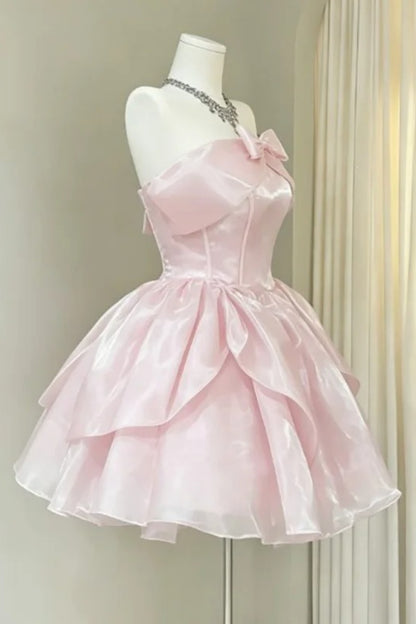Pink Off-Shoulder Pearl Bow Mini Homecoming Dress F0277
