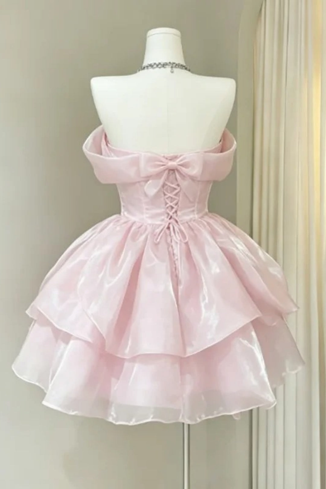 Pink Off-Shoulder Pearl Bow Mini Homecoming Dress F0277