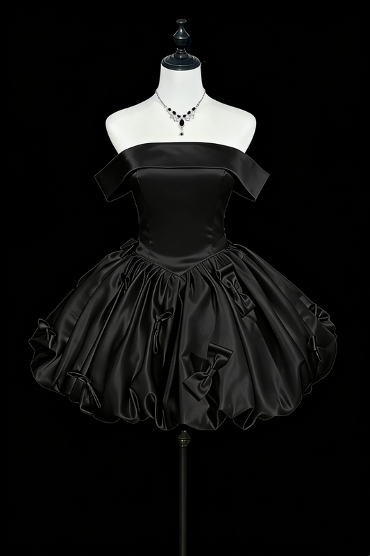 Satin Off-the-Shoulder Bow Bubble Hem Short Prom Dress, Vintage Princess Mini Dress for Birthday Party Floral015