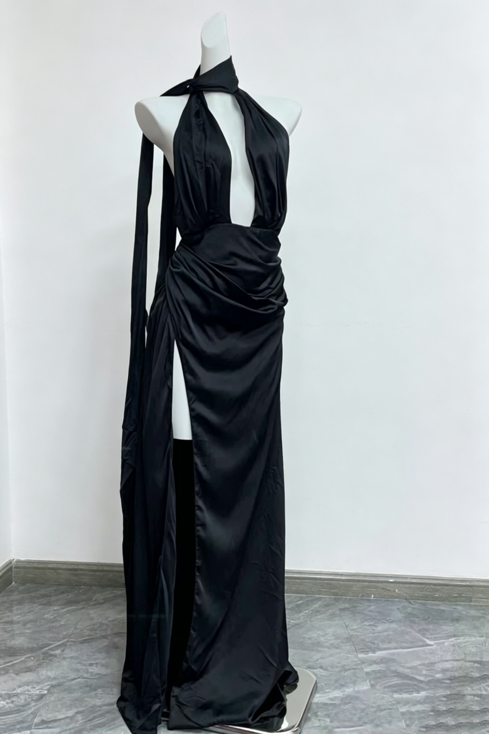 Evening Gown Black Satin Halter Custom Dress with High Slit & Sash Floral043