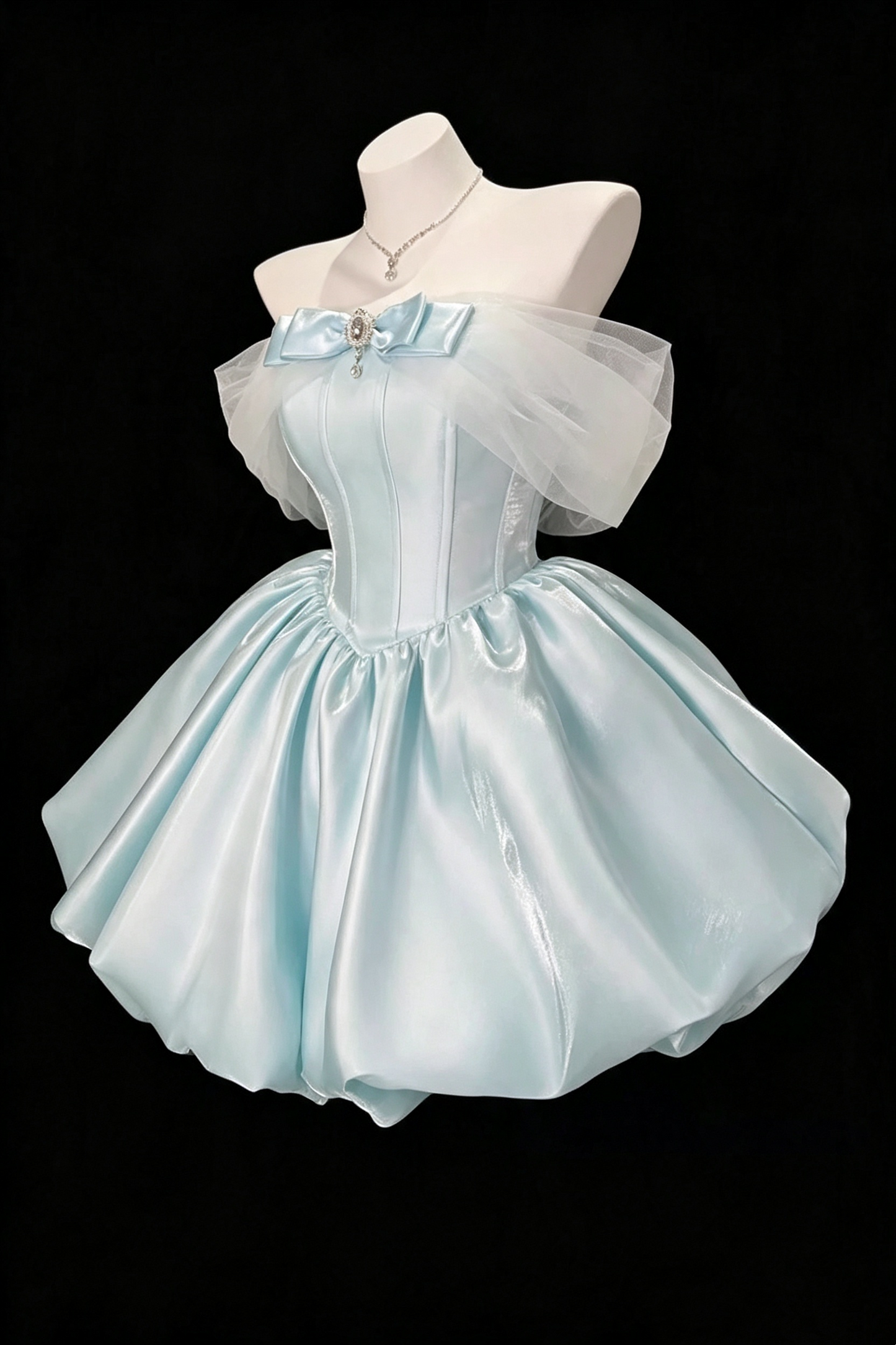 Light Blue Off‑Shoulder Bow Gem Short Homecoming Dress Lace‑Up Back Party Gown F0035