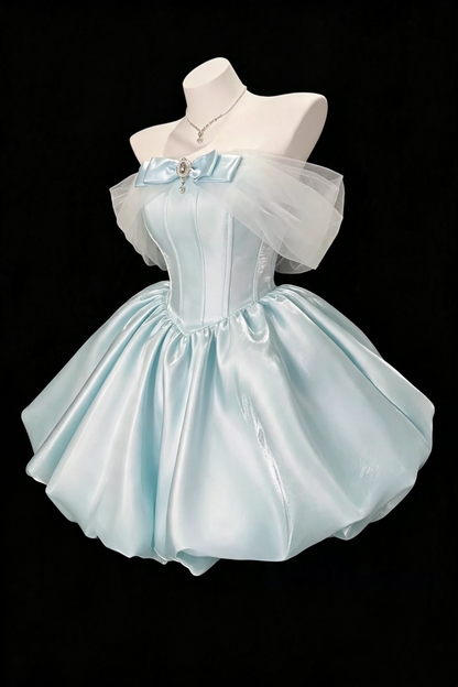 Light Blue Off‑Shoulder Bow Gem Short Homecoming Dress Lace‑Up Back Party Gown F0035