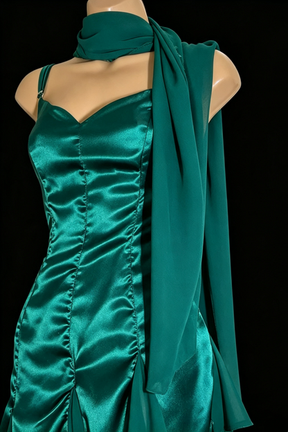 Emerald Green Satin Spaghetti Strap Dress Asymmetrical Chiffon Formal Gown Long & Midi F0025
