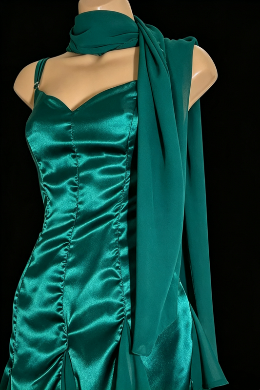 Emerald Green Satin Spaghetti Strap Dress Asymmetrical Chiffon Formal Gown Long & Midi F0025
