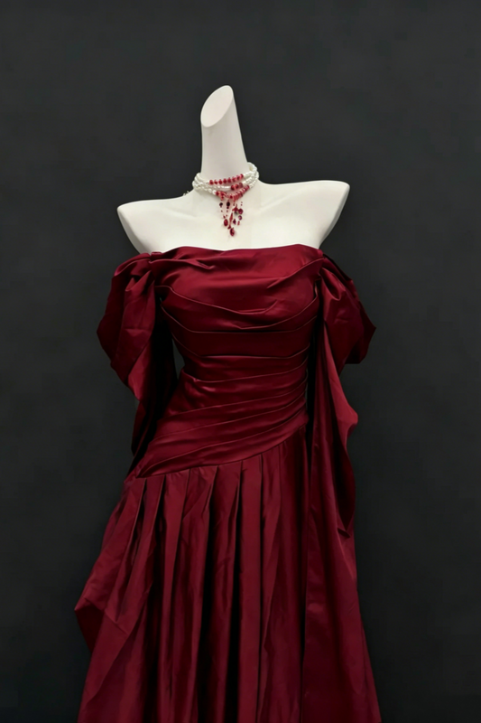 Burgundy Satin Off-the-Shoulder Train Gown with Ruched Waist & Flowing Sleeves, Luxury Evening Dress  Floral031