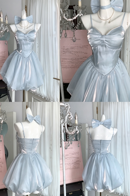 Fairy Satin Puff-Sleeve Mini Dress for Homecoming or Birthday Parties FD054