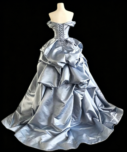 Blue Satin Strapless Gown Off the Shoulder Convertible Neckline Waist Defined Lace Up Back 3D Stacked Bustle dress For Wedding Evening Prom Floral036