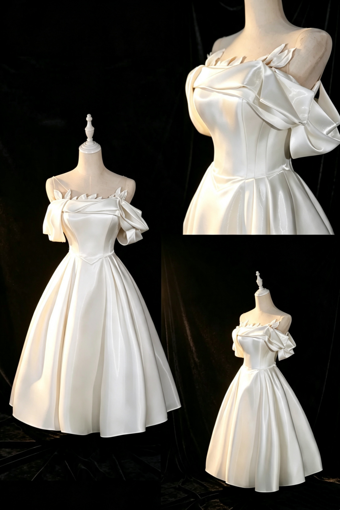 White Satin Off‑The‑Shoulder Midi Gown 3D Leaf Detail Elopement Wedding Party Dress F0013