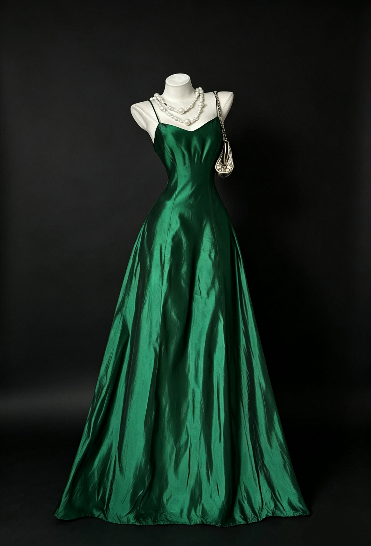 Emerald Green Satin Slip Maxi Dress Spaghetti Strap Vintage Evening Gown F0138