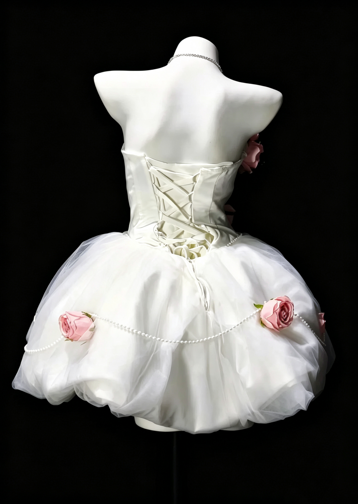 White Strapless Short Tulle Dress Pink 3D Rose Pearl F0228