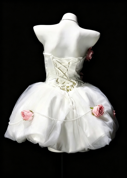 White Strapless Short Tulle Dress Pink 3D Rose Pearl F0228