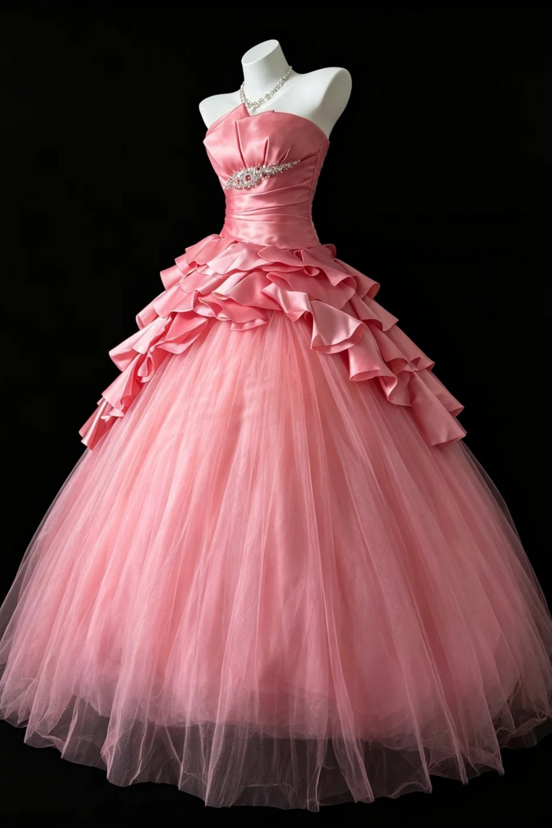 Pink Strapless Tulle Ball Gown Ruffle Fall Formal Dress F0102