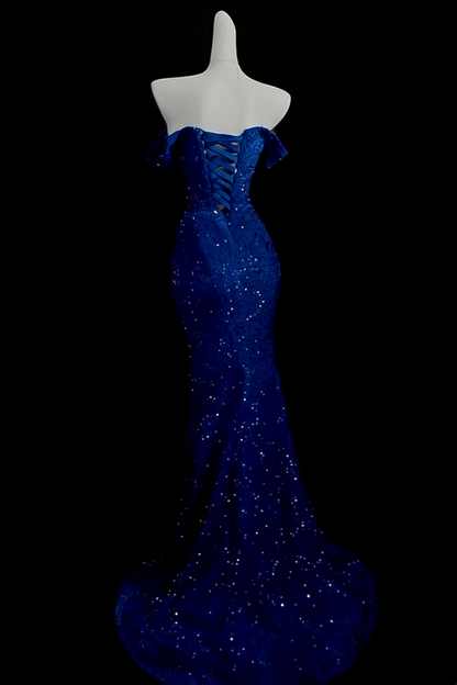 Elegant Glitter Blue Mermaid Prom Dress, Off-the-shoulder Formal Party Gown Floral-05