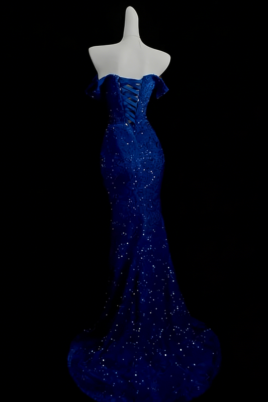 Elegant Glitter Blue Mermaid Prom Dress, Off-the-shoulder Formal Party Gown Floral-05