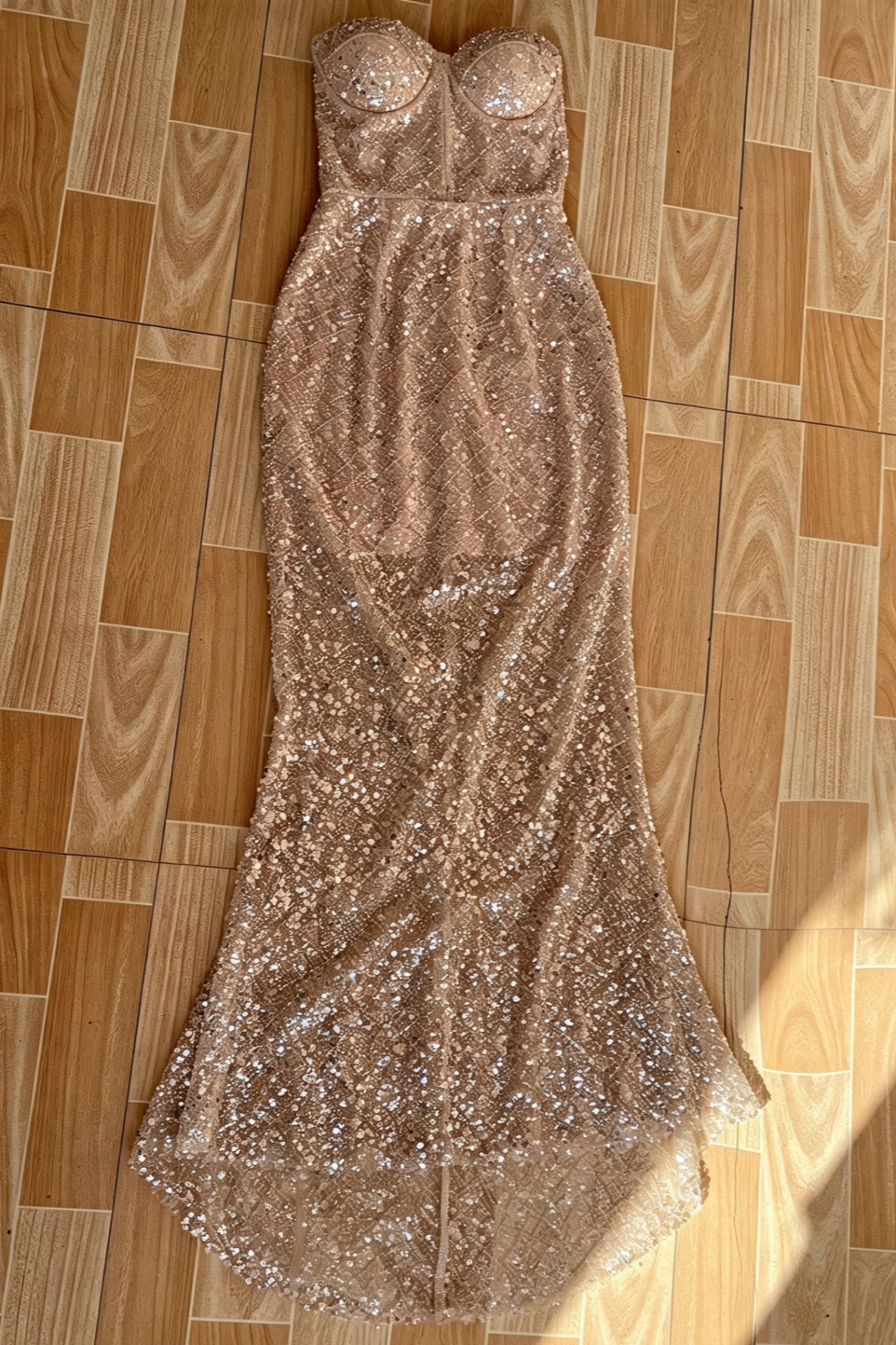 Luxury Strapless Sequin Mermaid Evening Gown Fitted Long Dinner Party Dress F065