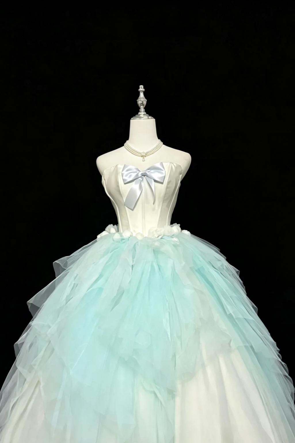 Blue White Ombre Strapless Tulle Ball Gown Satin Bow Prom Dress F0258