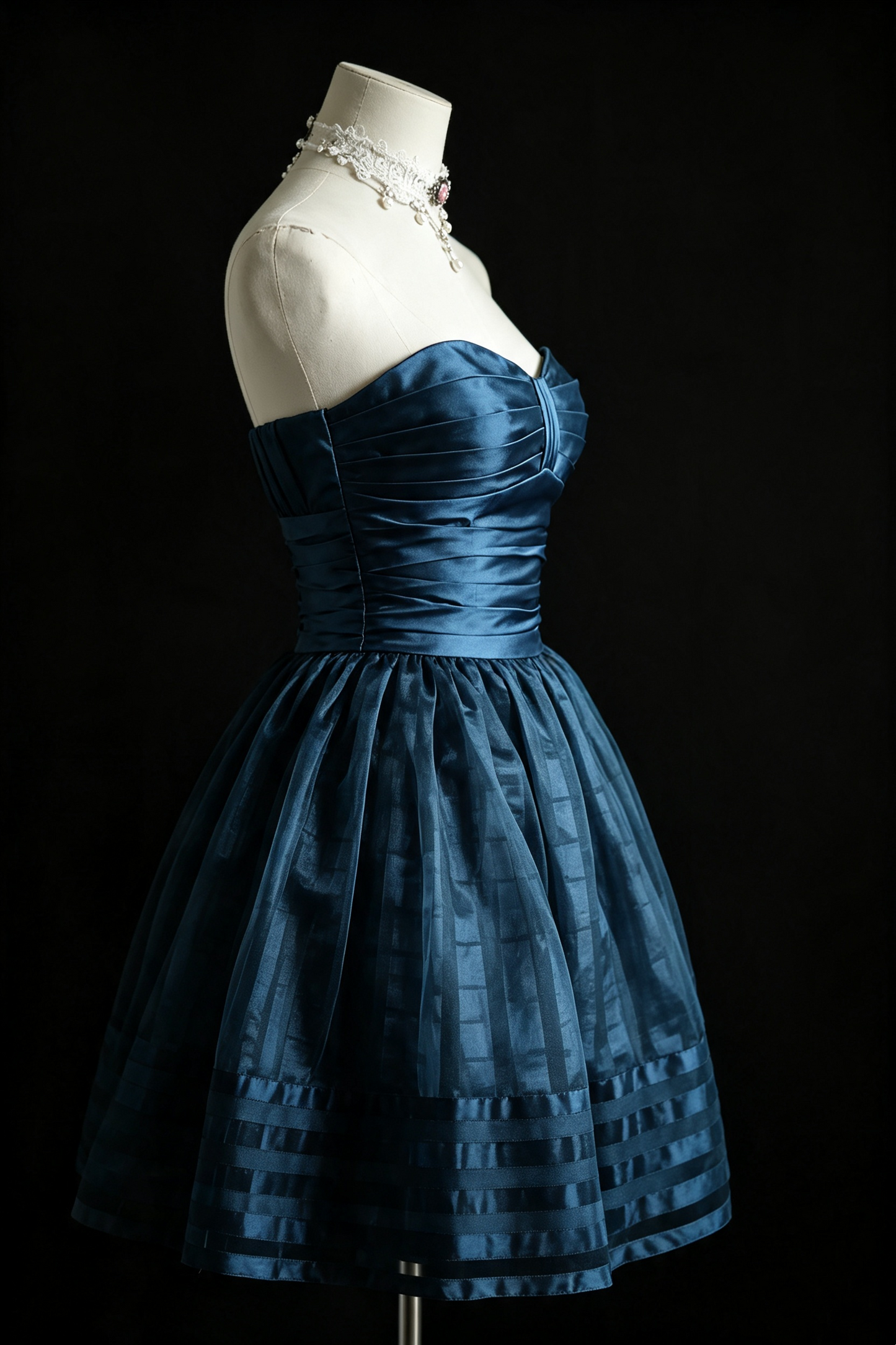 Navy Blue Satin Strapless Homecoming Dress Pleated Short Cocktail Party Gown F0017