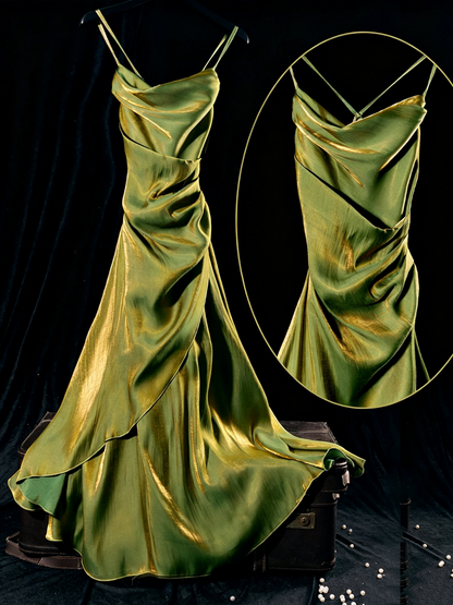 Metallic Satin Cowl Neck Midi Dress Ruched Formal Homecoming Party Gown F0120
