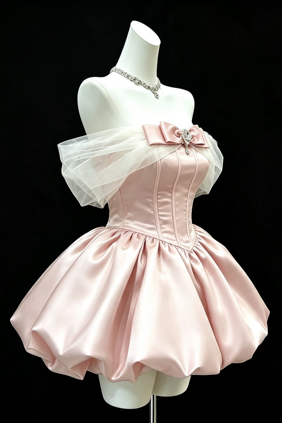 Pink Off‑the‑Shoulder Satin Short Gown, Bow Crystal Sweet 16 Dress F009