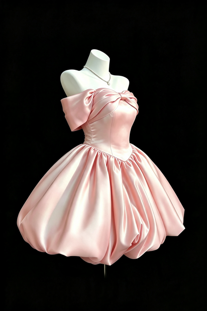 Pink Off‑Shoulder Big Bow Bubble Short Homecoming Dress Lace‑Up Back Party Gown F0033