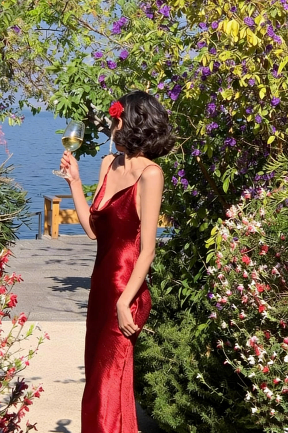 Sexy Deep Red Satin Maxi Dress – Spaghetti Strap Backless Design for Cocktail Parties & Date Nights FD06