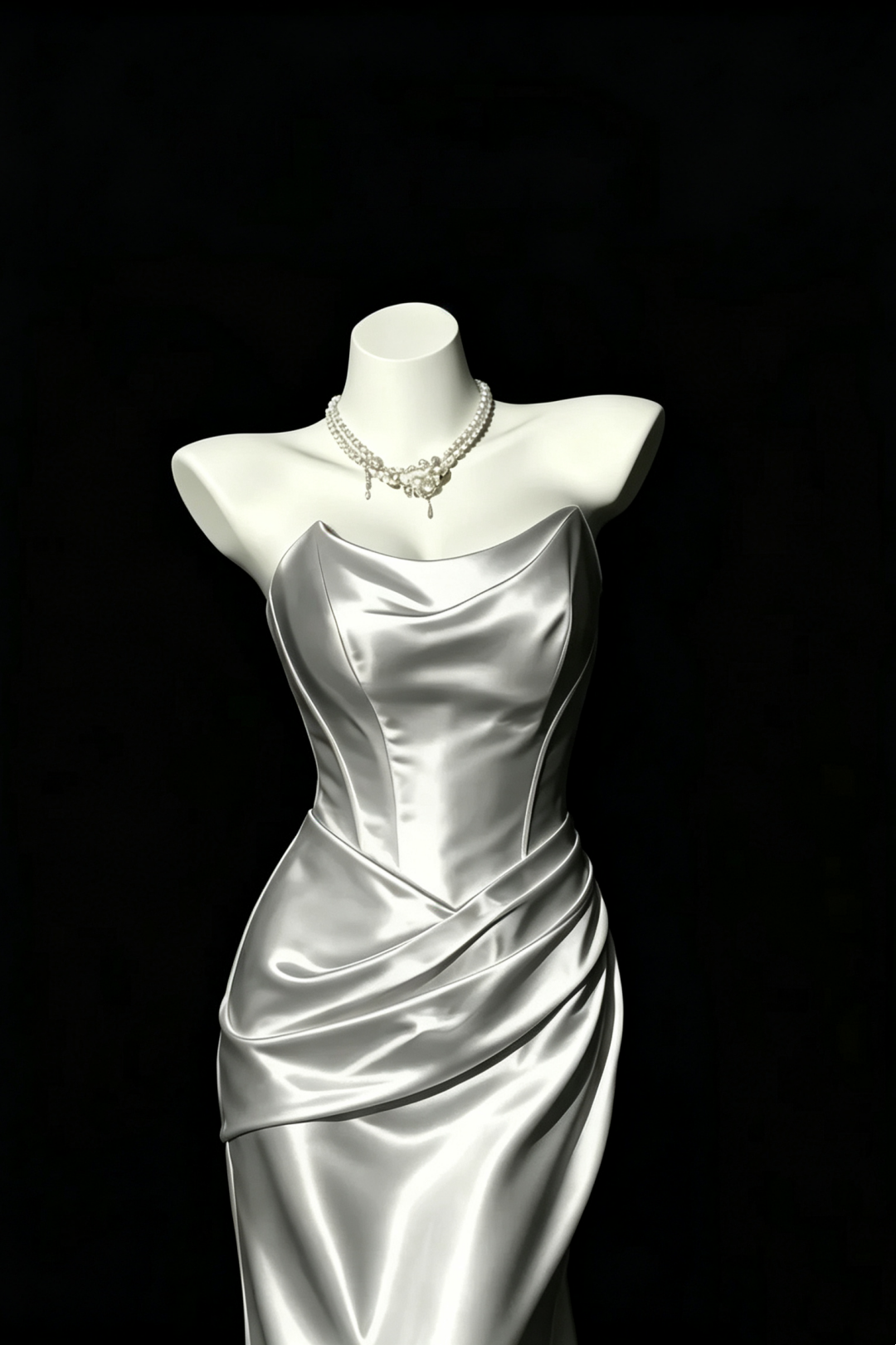 Silver Satin Strapless Mermaid Dress Draped Cowl Neck Lace‑Up Back Prom Gown F0148