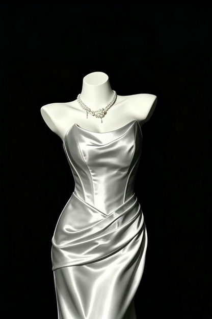 Silver Satin Strapless Mermaid Dress Draped Cowl Neck Lace‑Up Back Prom Gown F0148
