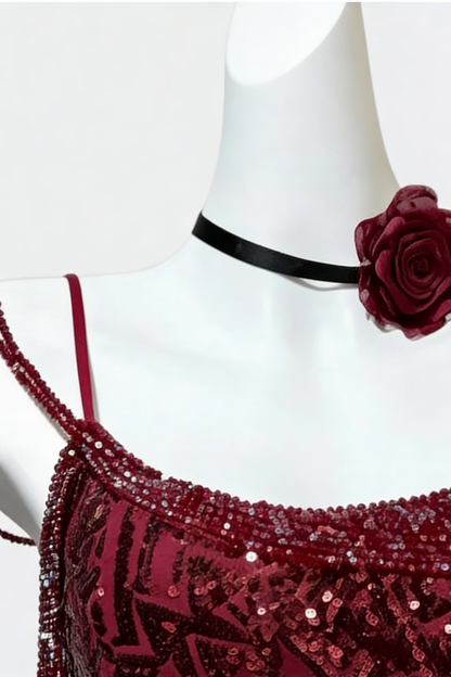 Burgundy Sequin One Shoulder Mermaid Prom Dress, Chain Detail Tulle Train Formal Gown FD018