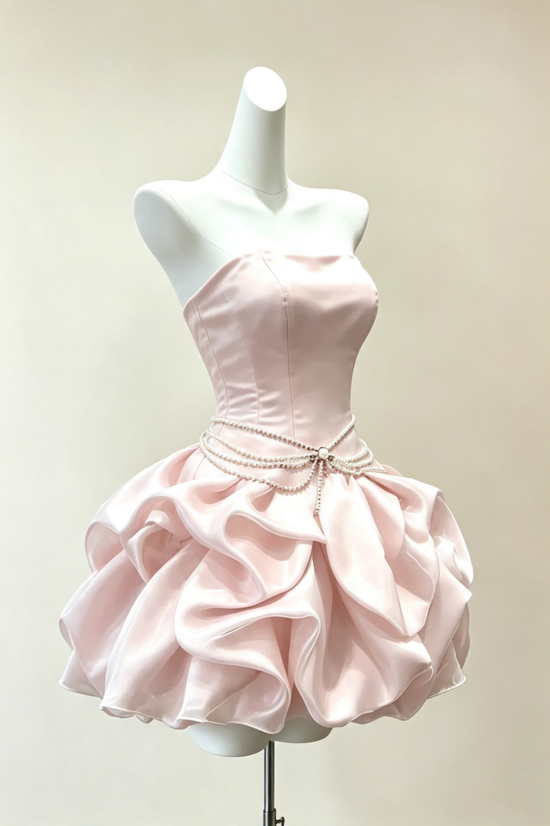 Strapless Pearl Sash Ruffle Short Homecoming Dress Lace‑Up Back Party Gown F0034