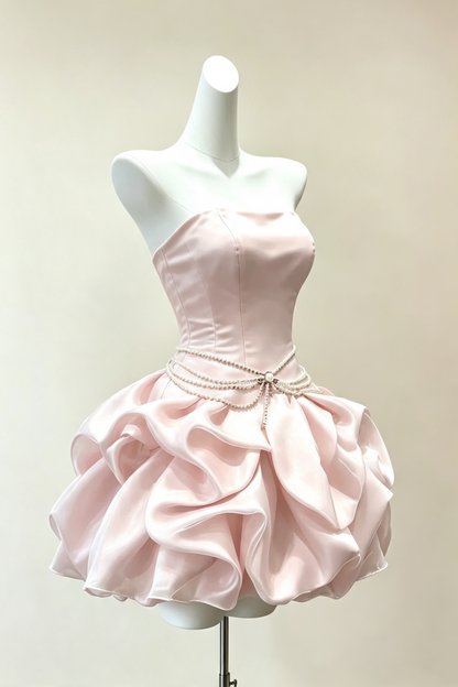 Strapless Pearl Sash Ruffle Short Homecoming Dress Lace‑Up Back Party Gown F0034