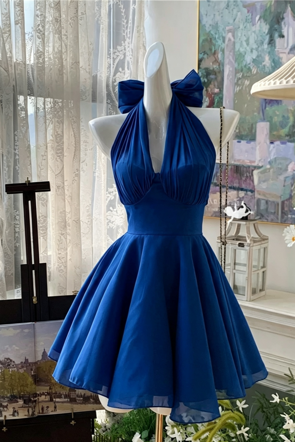 Halter Bow Chiffon Mini Dress, Homecoming Party A-Line Gown F055