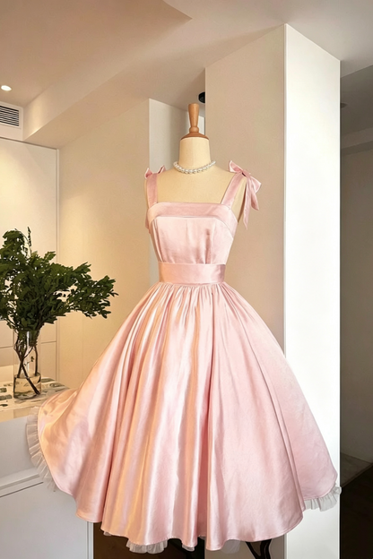 Olive Green Satin Retro Midi Dress, Bow Strap Vintage Homecoming Dress  F0052