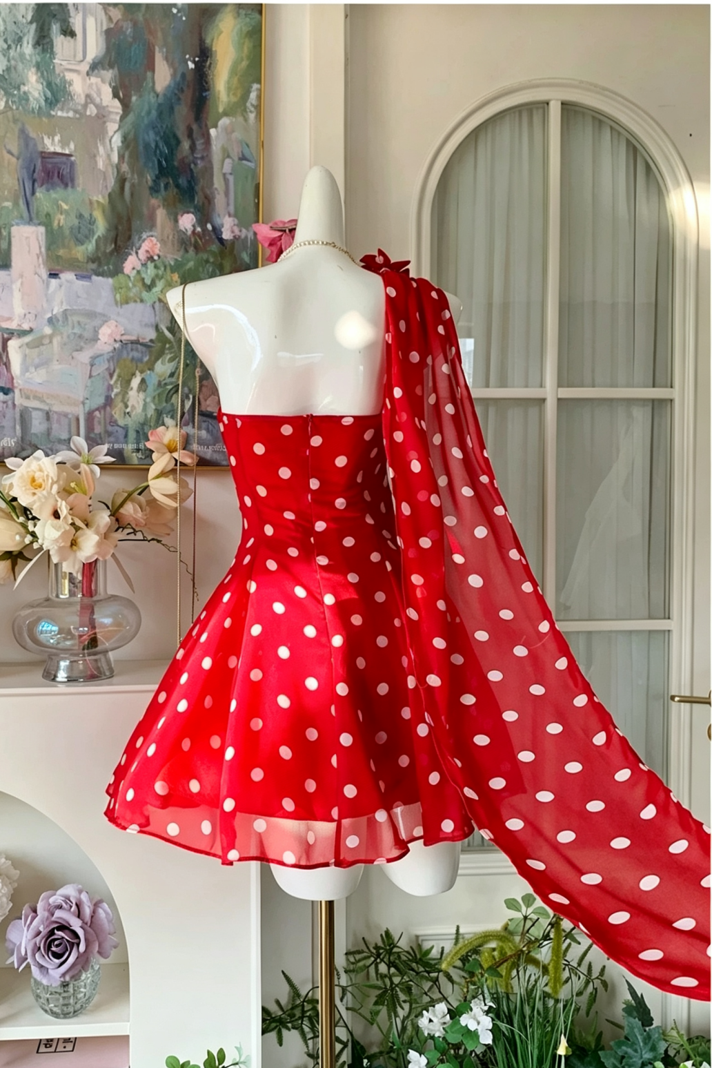 Vacation Dress Red Chiffon One Shoulder Short Dress, Polka Dot Print F0060