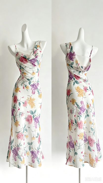 Watercolor Floral Cowl Neck Midi Dress One Spaghetti Strap Formal Gown F0210