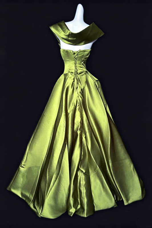 Olive Green Satin Off the Shoulder Gown Crossed Pleated Waist Lace Up Back A Line dress For Wedding Evening Prom  Floral034