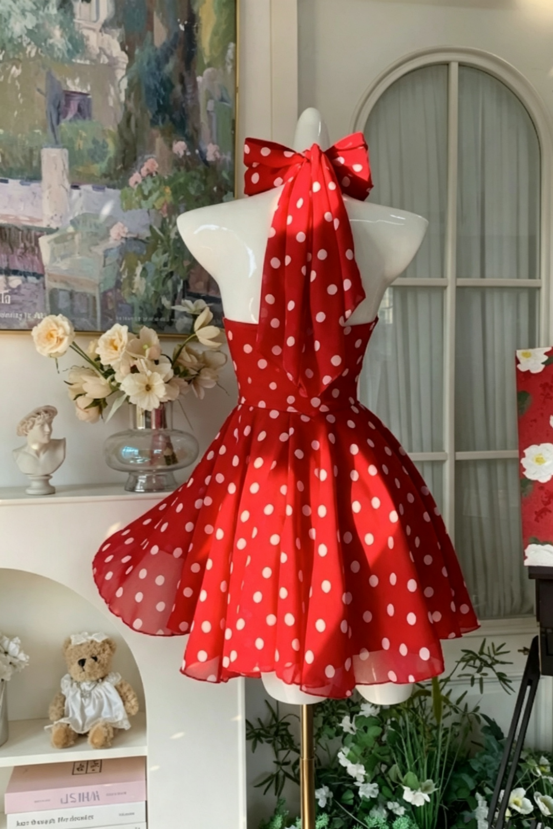 Summer Dress Red Polka Dot Halter Short Dress With Back Bow For Vacation F0036