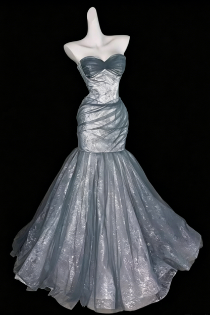 Elegant Dusty Blue Strapless Mermaid Graduation Dress Prom Dress, Glitter Lace Corset Evening Gown with Train, Formal Party Dress for Women  Floral026