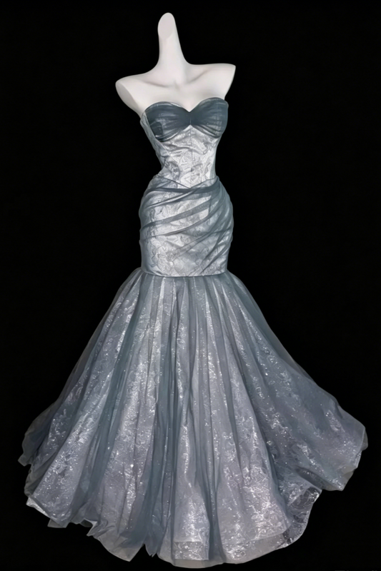 Elegant Dusty Blue Strapless Mermaid Graduation Dress Prom Dress, Glitter Lace Corset Evening Gown with Train, Formal Party Dress for Women  Floral026