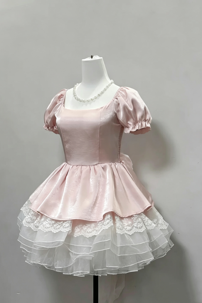 Pink Pearl Tulle Homecoming Dress Bow Short Princess Gown F0092