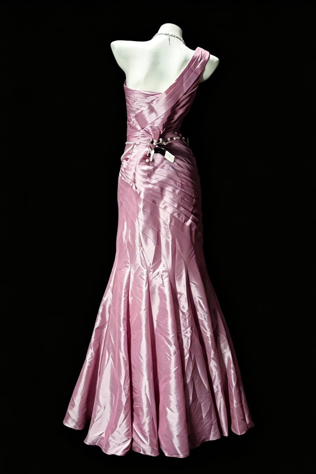 One‑Shoulder Satin Mermaid Gown With Rhinestone Chain Detail F0081