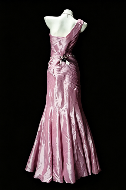 One‑Shoulder Satin Mermaid Gown With Rhinestone Chain Detail F0081
