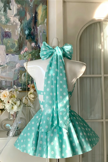 Garden Party Dress Mint Halter Neck Mini Dress With Big Bow F0061