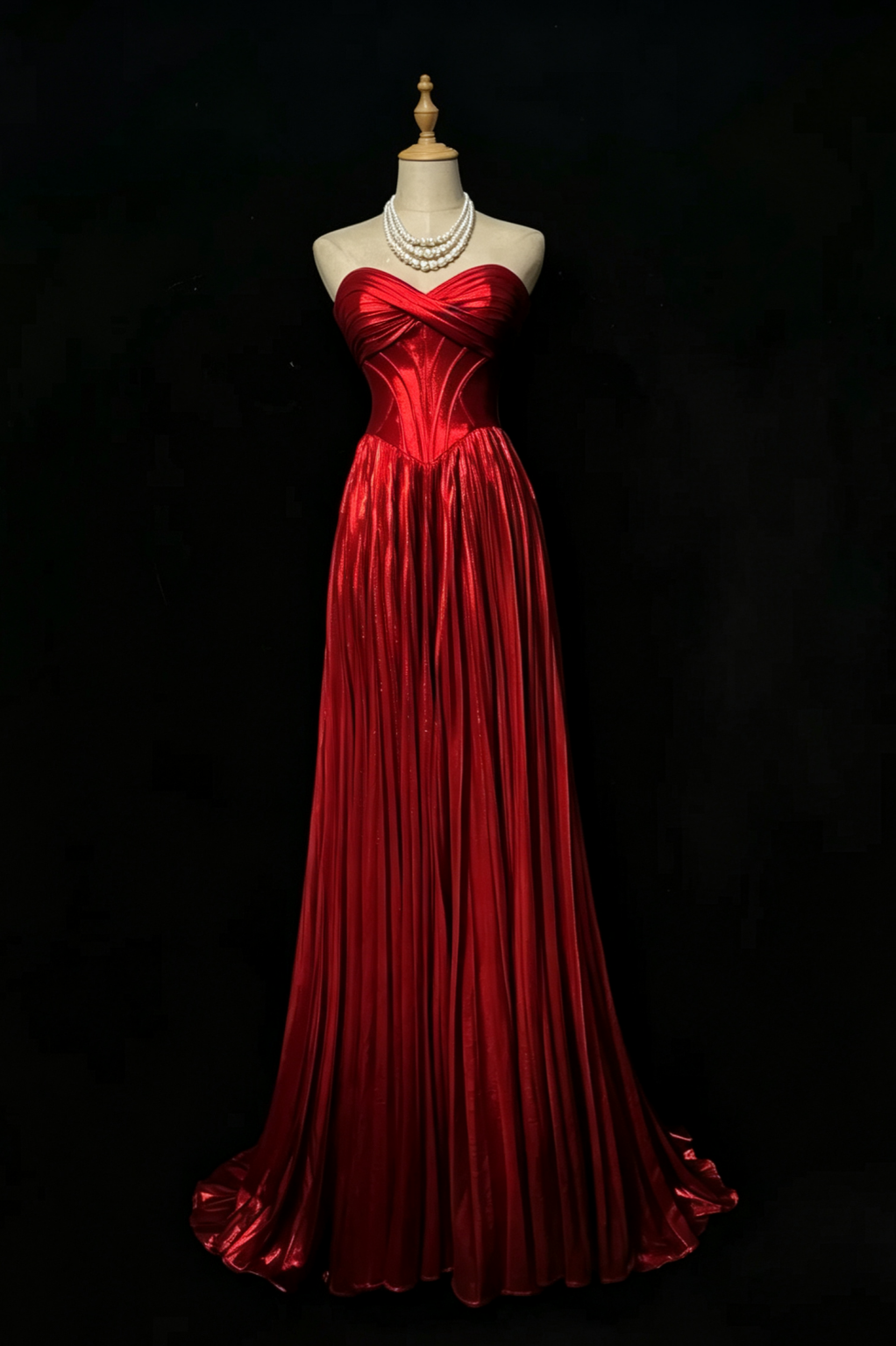 Red Strapless Satin Pleated Evening Dress Corset Formal Gown F0194