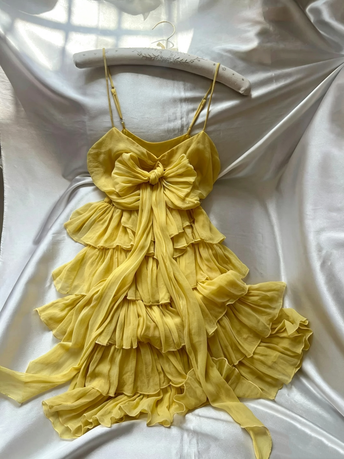 Yellow Spaghetti Strap Bow Tiered Chiffon Mini Dress F0261
