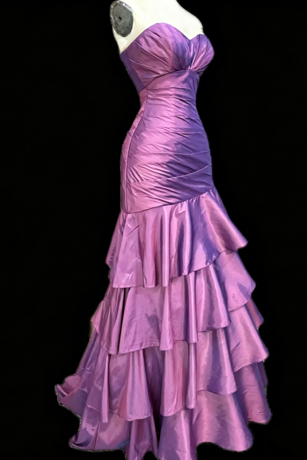 Lavender Satin Strapless Mermaid Gown Sweetheart Neckline Ruched Bodice Lace-Up Back Tiered Ruffle Skirt For Wedding Evening Prom  Floral035